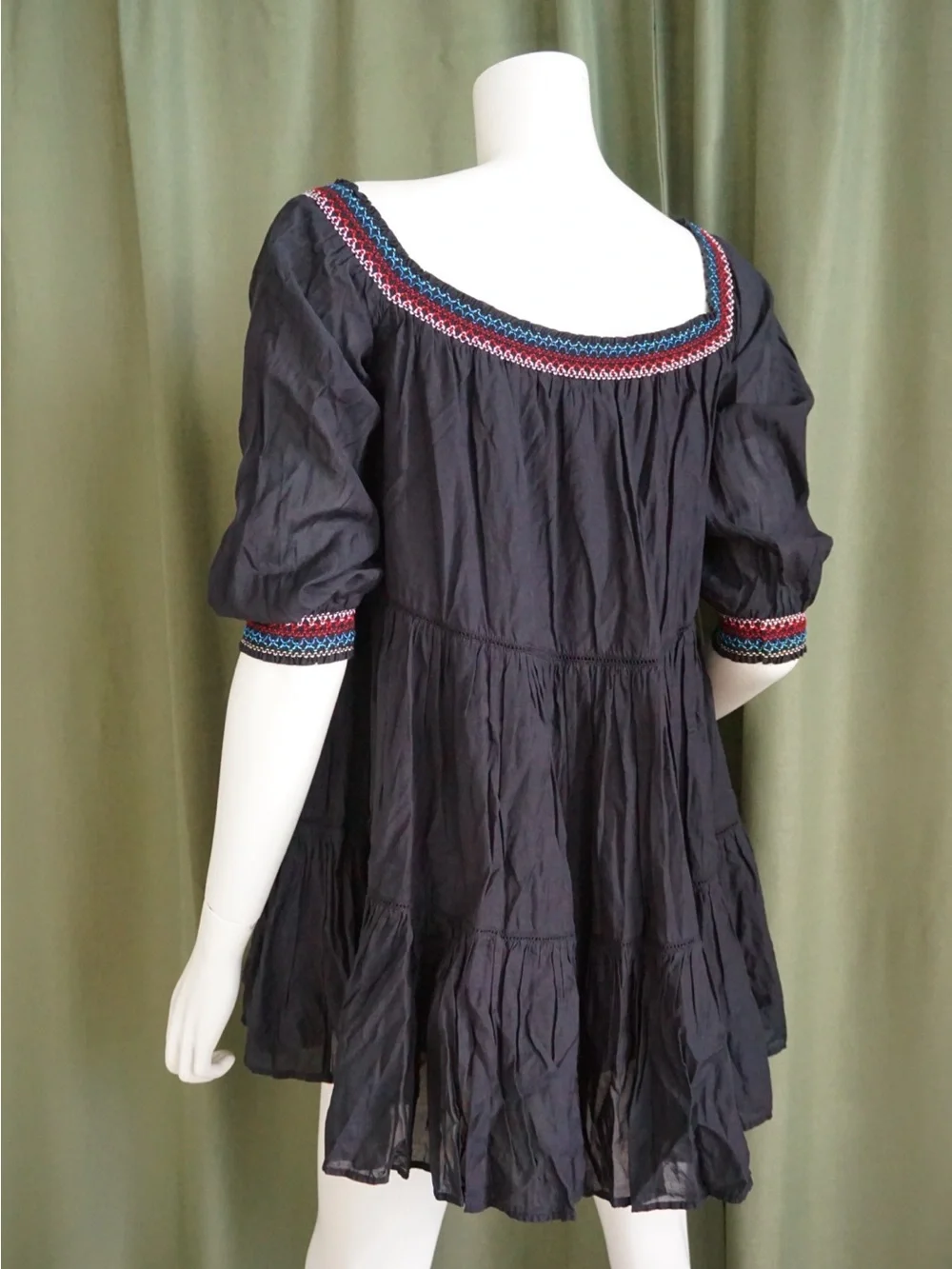 Free People Floral Embroidered Mini Shirred Black Cotton Dress - Size Medium
